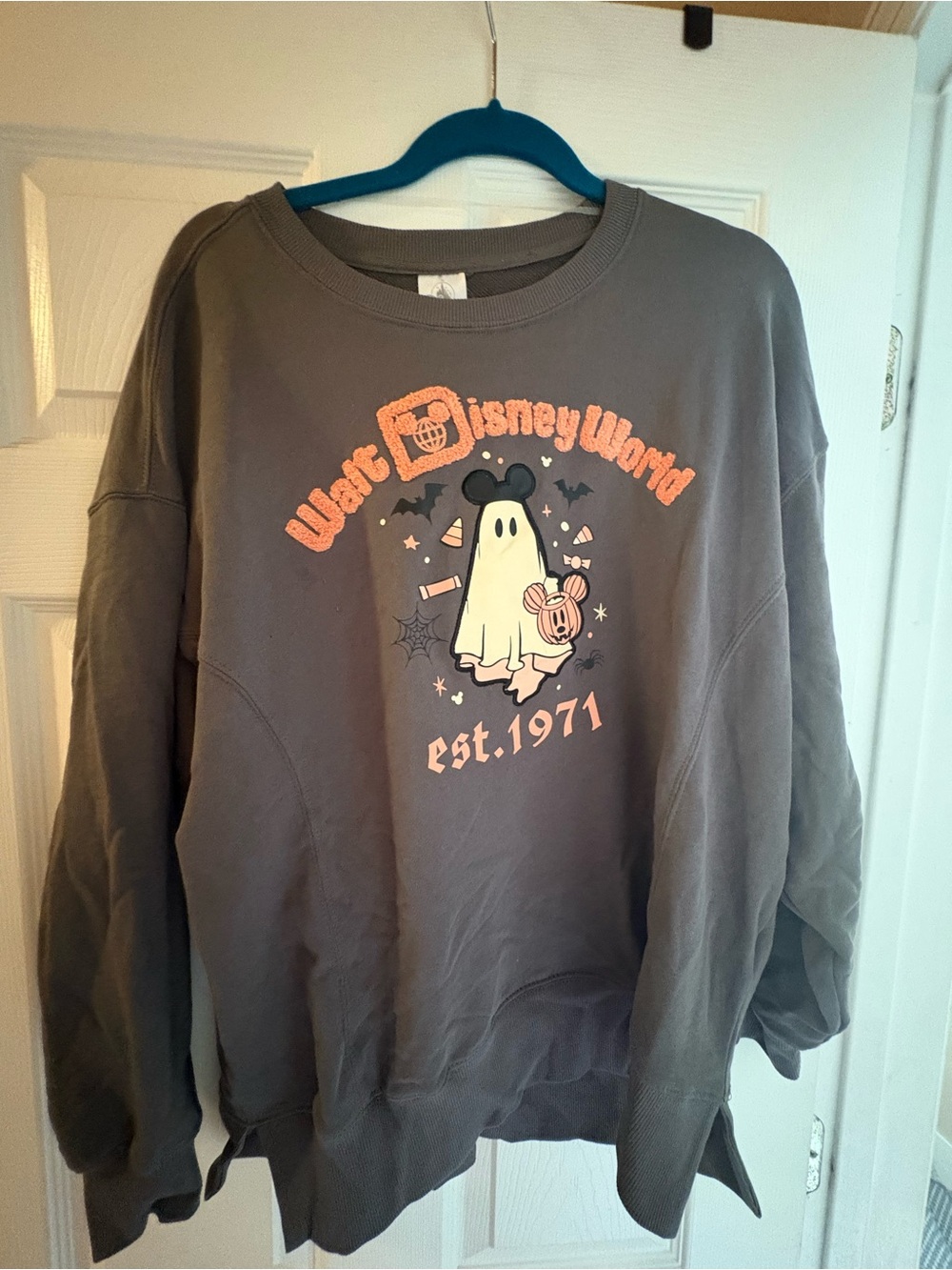 Disney Gray Sweatshirt with Orange and Cream Halloween Ghost Graphic